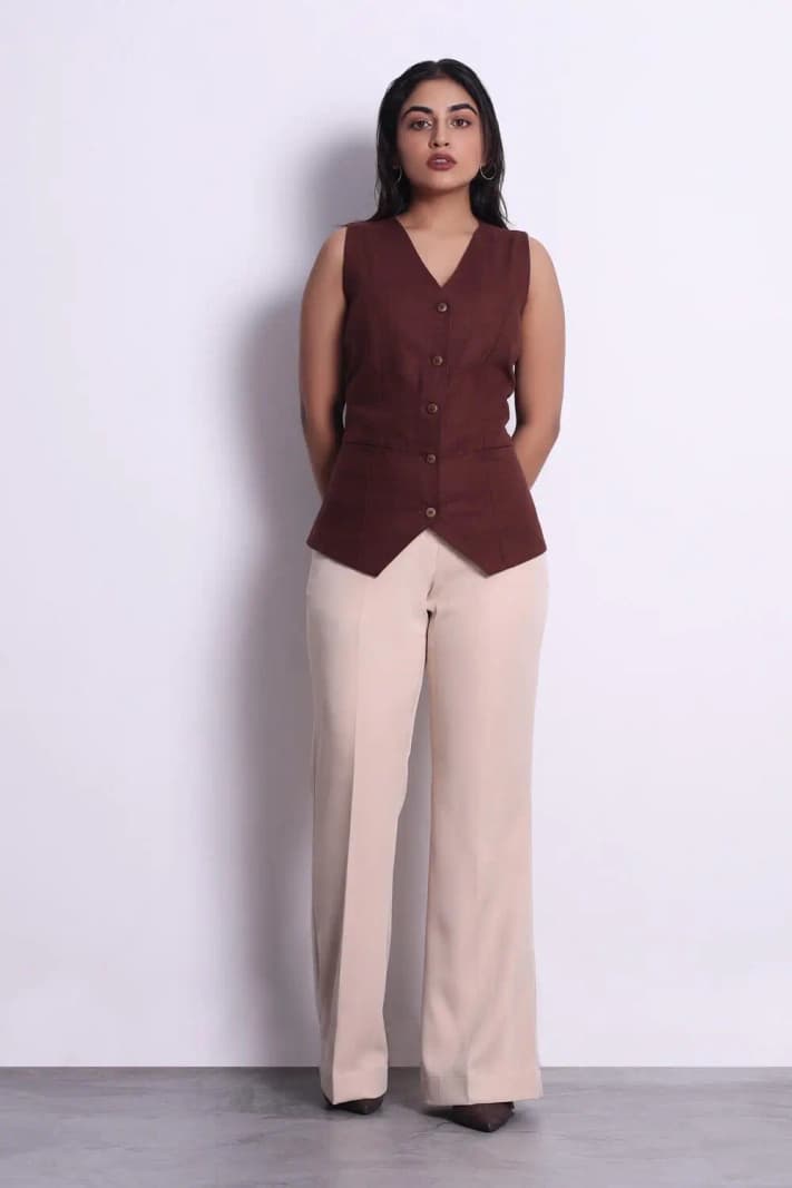 Women's Brown Casual Solid Linen Cascade Tie Waistcoat