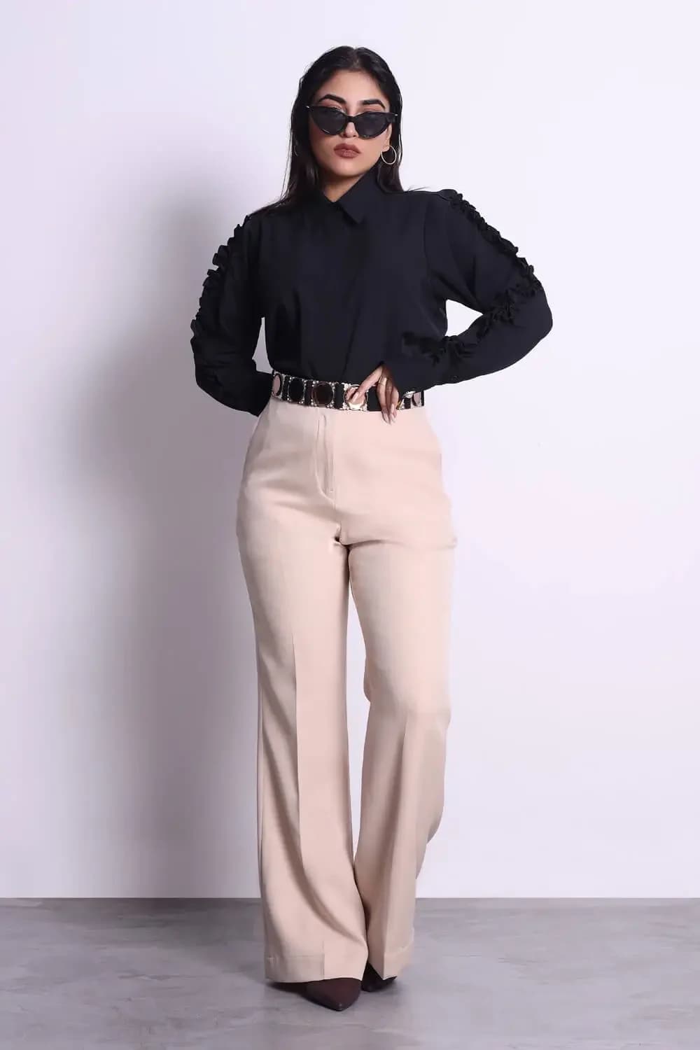 Women's Beige Formal Solid Bootcut Fit Trouser