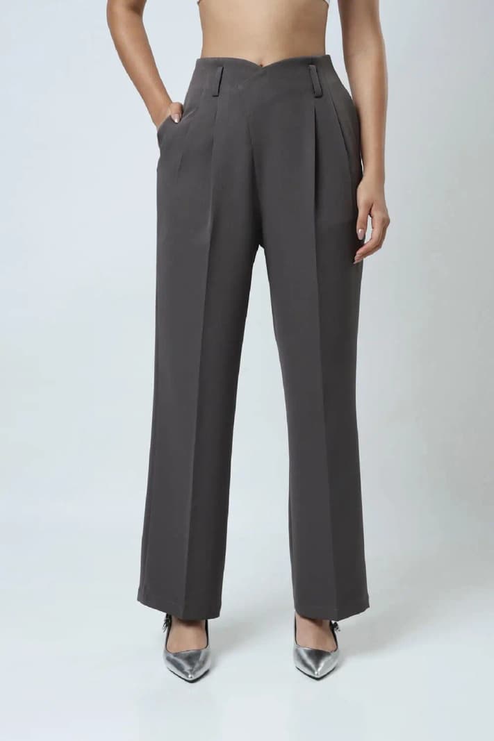 Women's Grey Work Wear Solid High Rise Straight Fit Trouser
