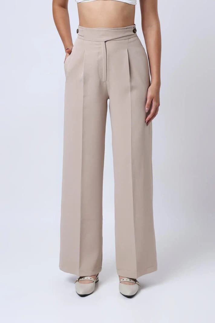 Women's Beige Work Wear Solid High Rise Wide Leg Trouser