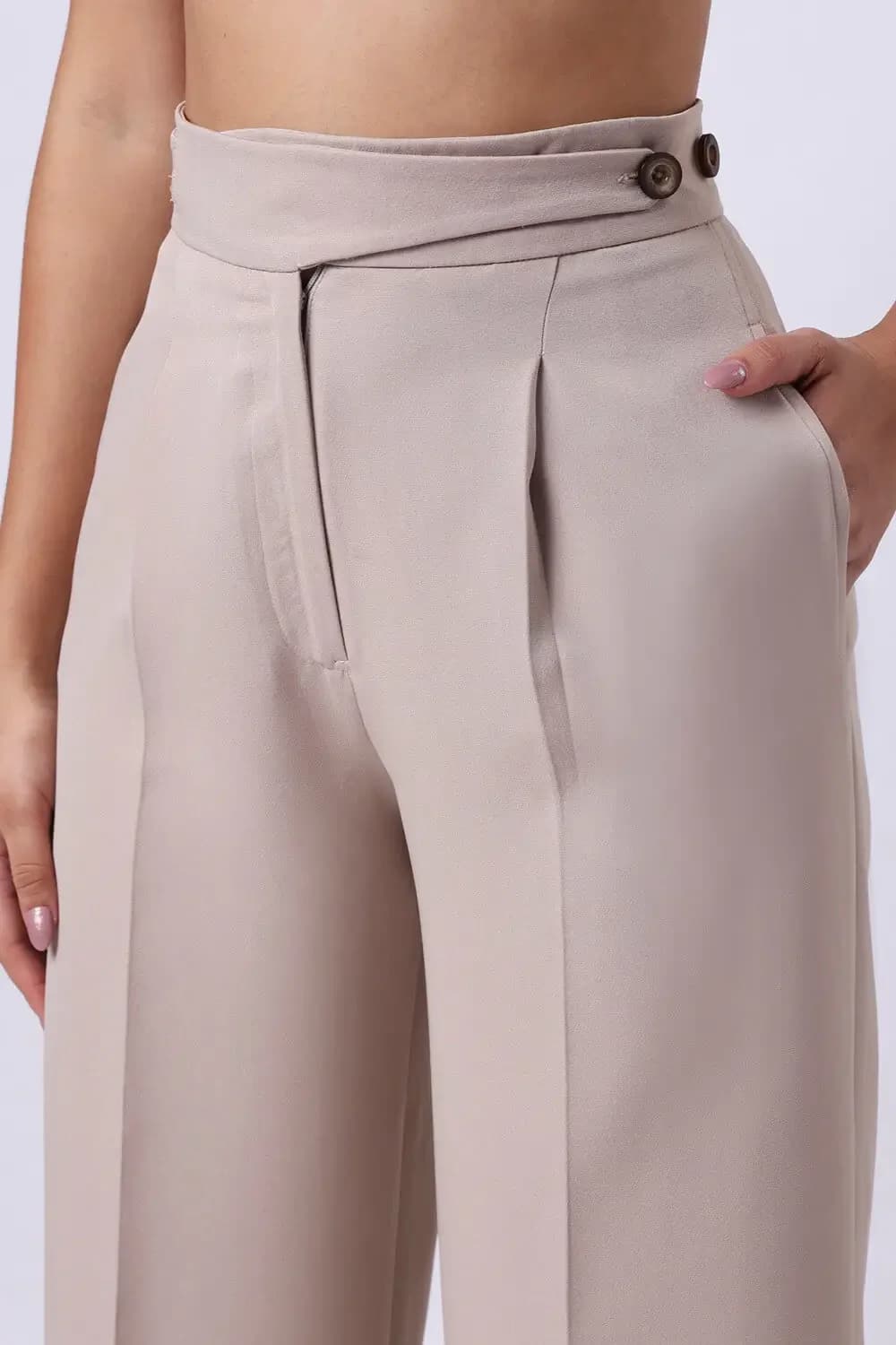 Women's Beige Formal Solid Wide Leg Trouser