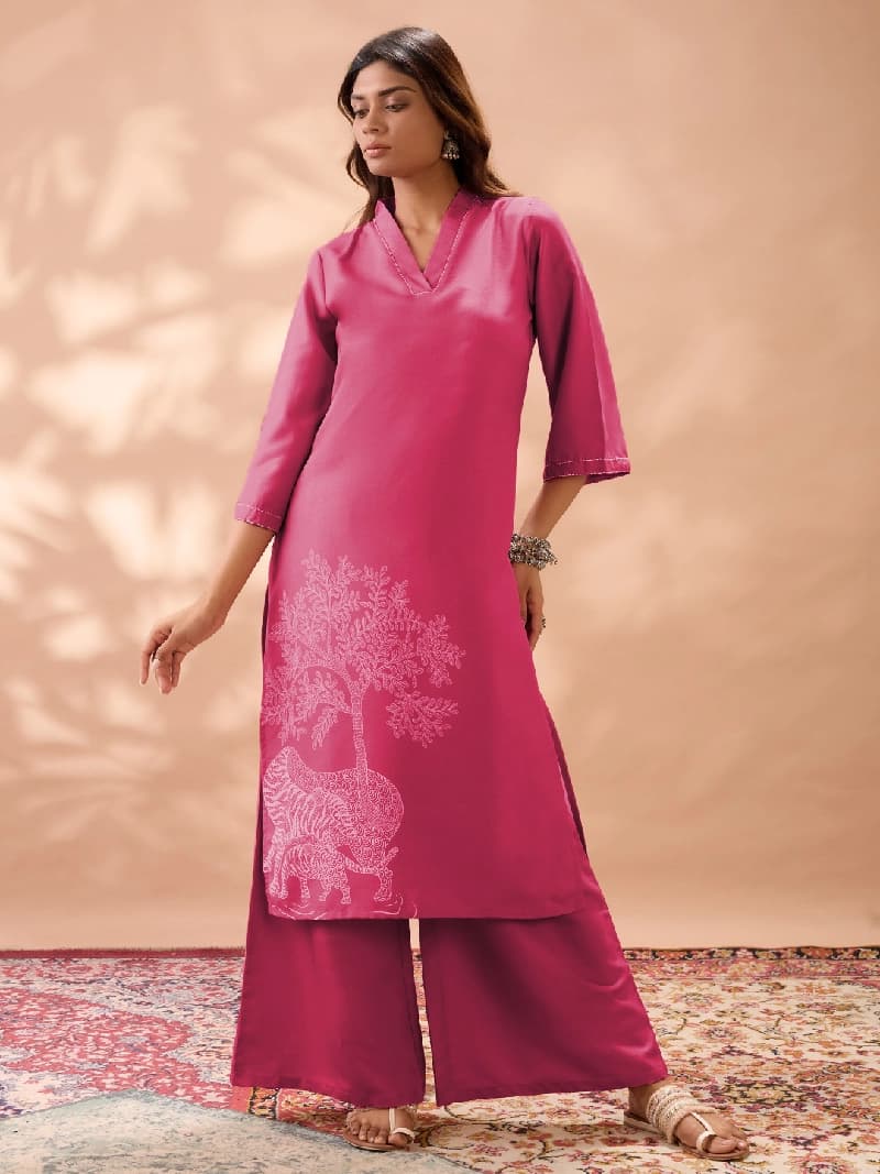 Women's Pink Casual Kurta Set
