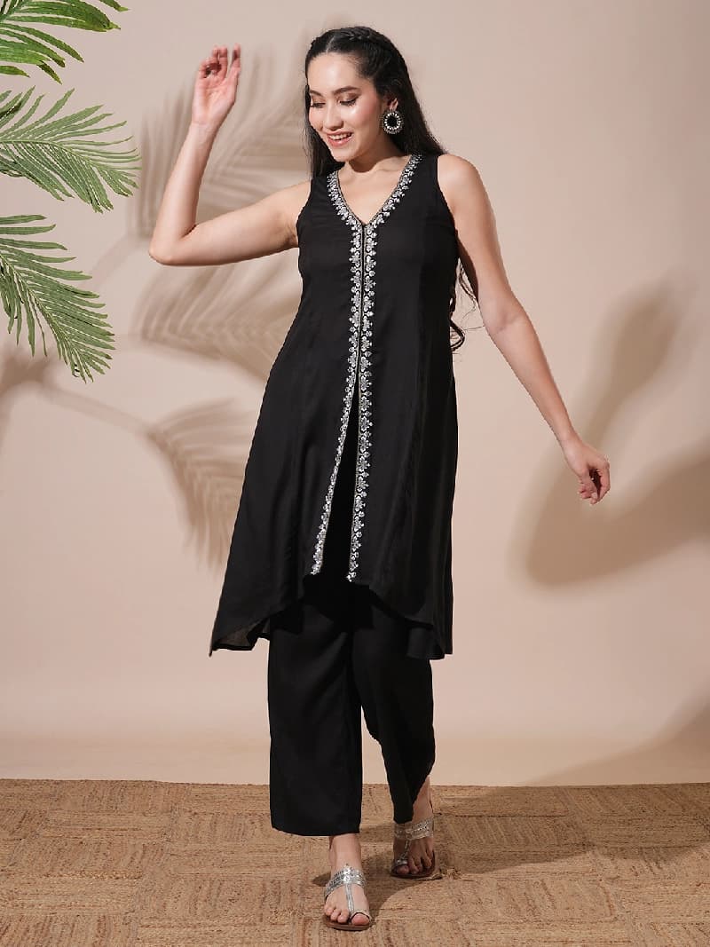 Women's Black V-Neck Embroidered & Mirror Work Detail High-Low Hem Front Slits A-Line Kurta with Pant Fusion Wear Set