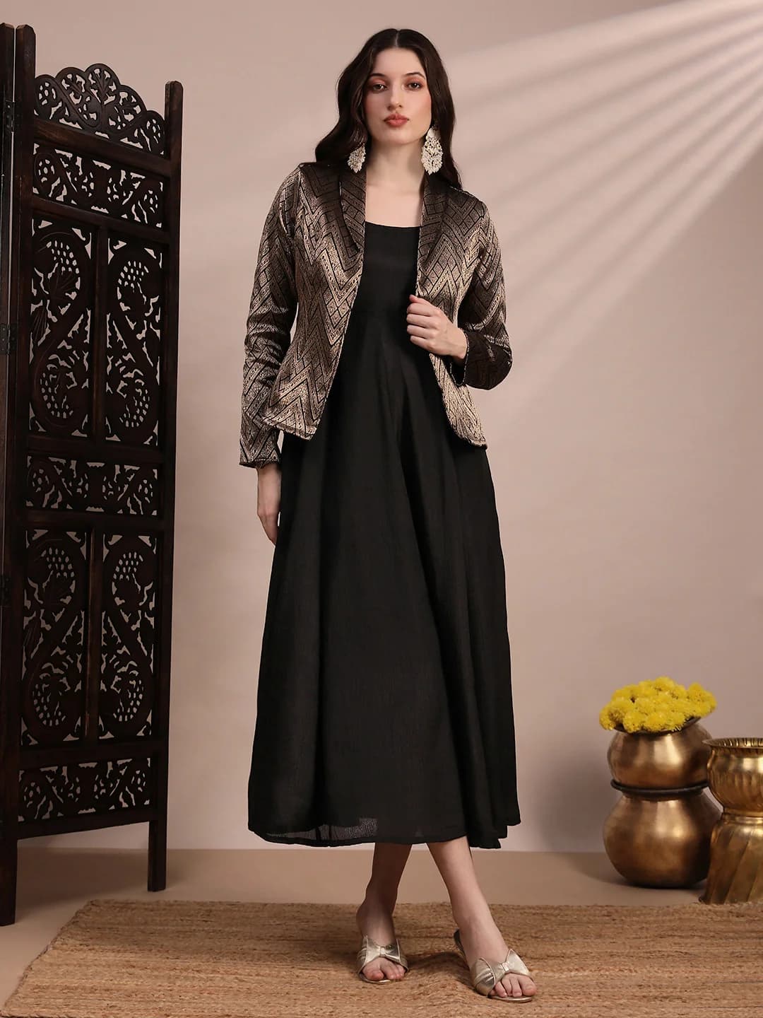 Women's Black Casual Printed Flared Fit Dress