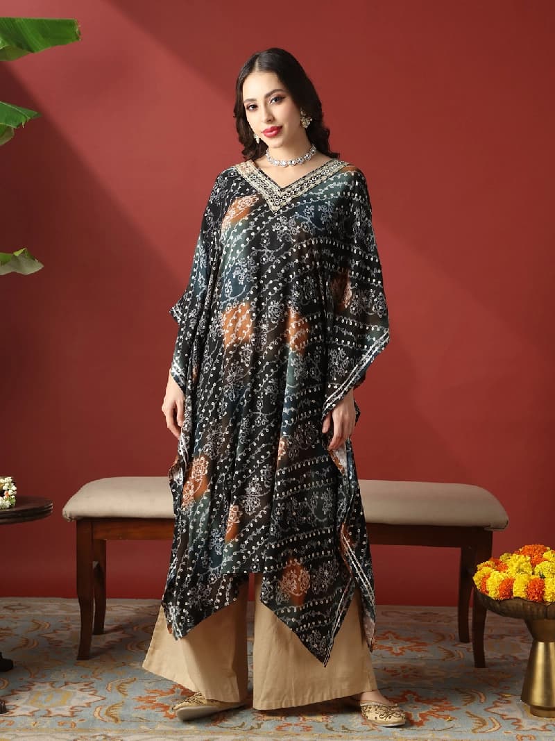 Women's Navy Festive Printed Oversized Fit Kurta