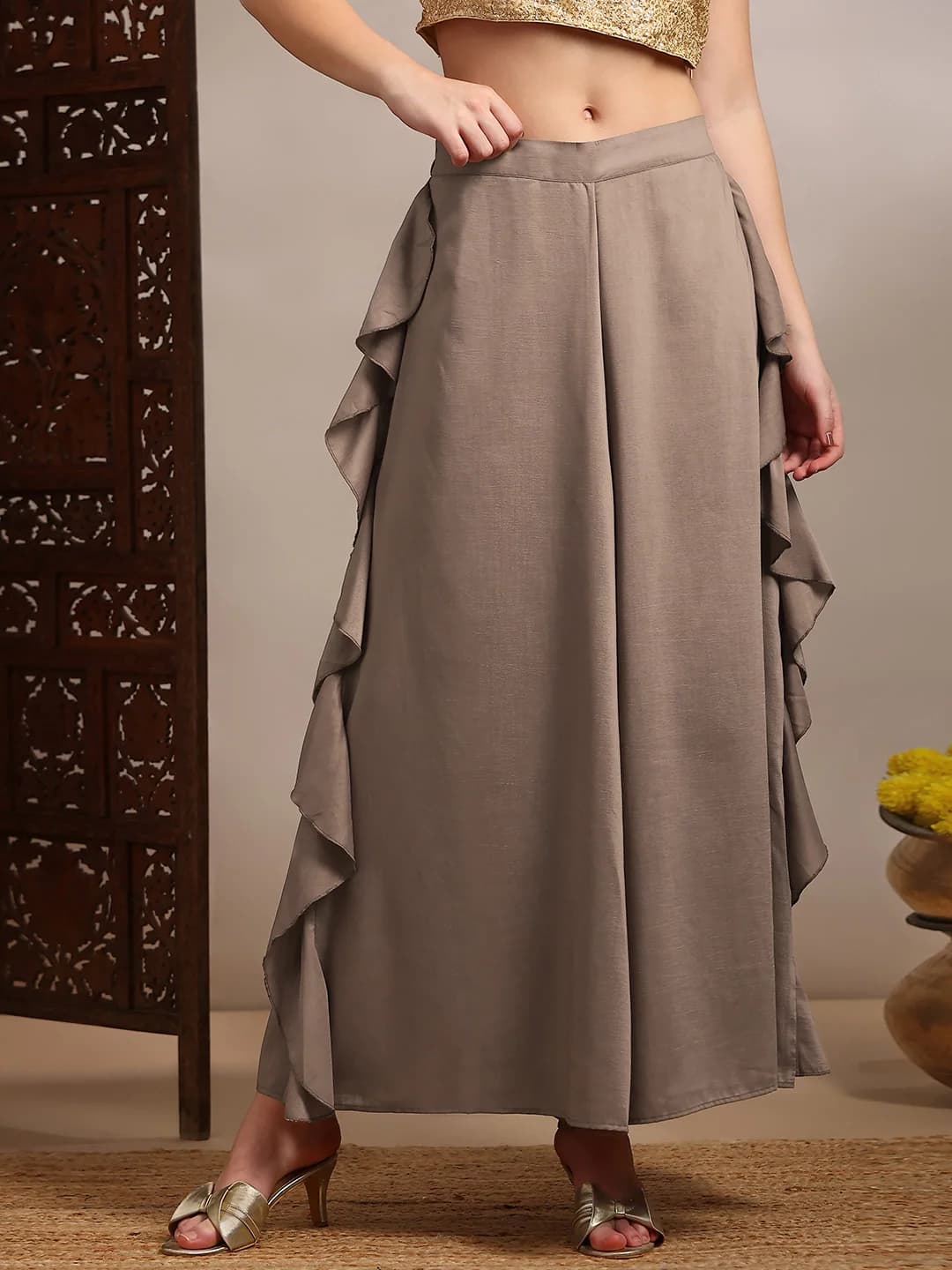 Women's Beige Casual Solid Wide Leg Trouser