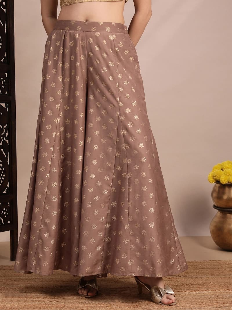 Women's Brown Casual Printed Wide Leg Trouser