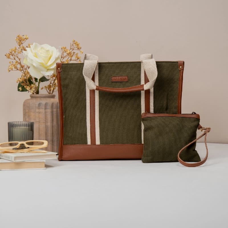 Women's Green Sage Canvas Office Tote Bag