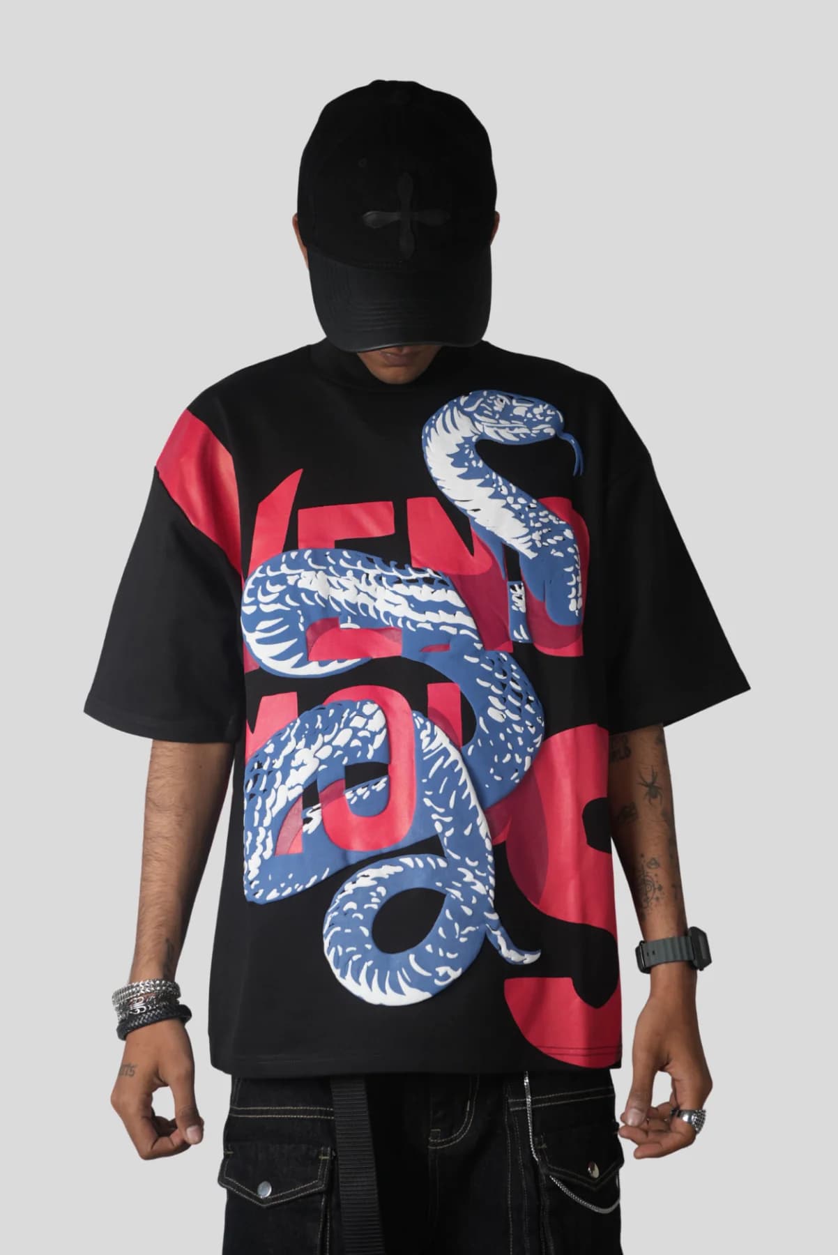 Unisex Black Casual Printed Oversized Fit Tshirt
