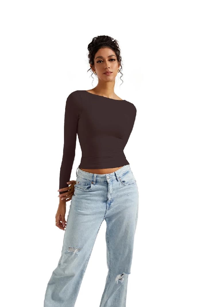 Women's Brown Casual Backless Full Sleeve Top