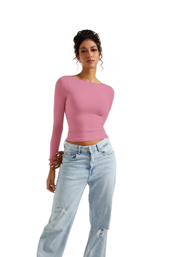 Women's Pink Casual Backless Full Sleeve Top