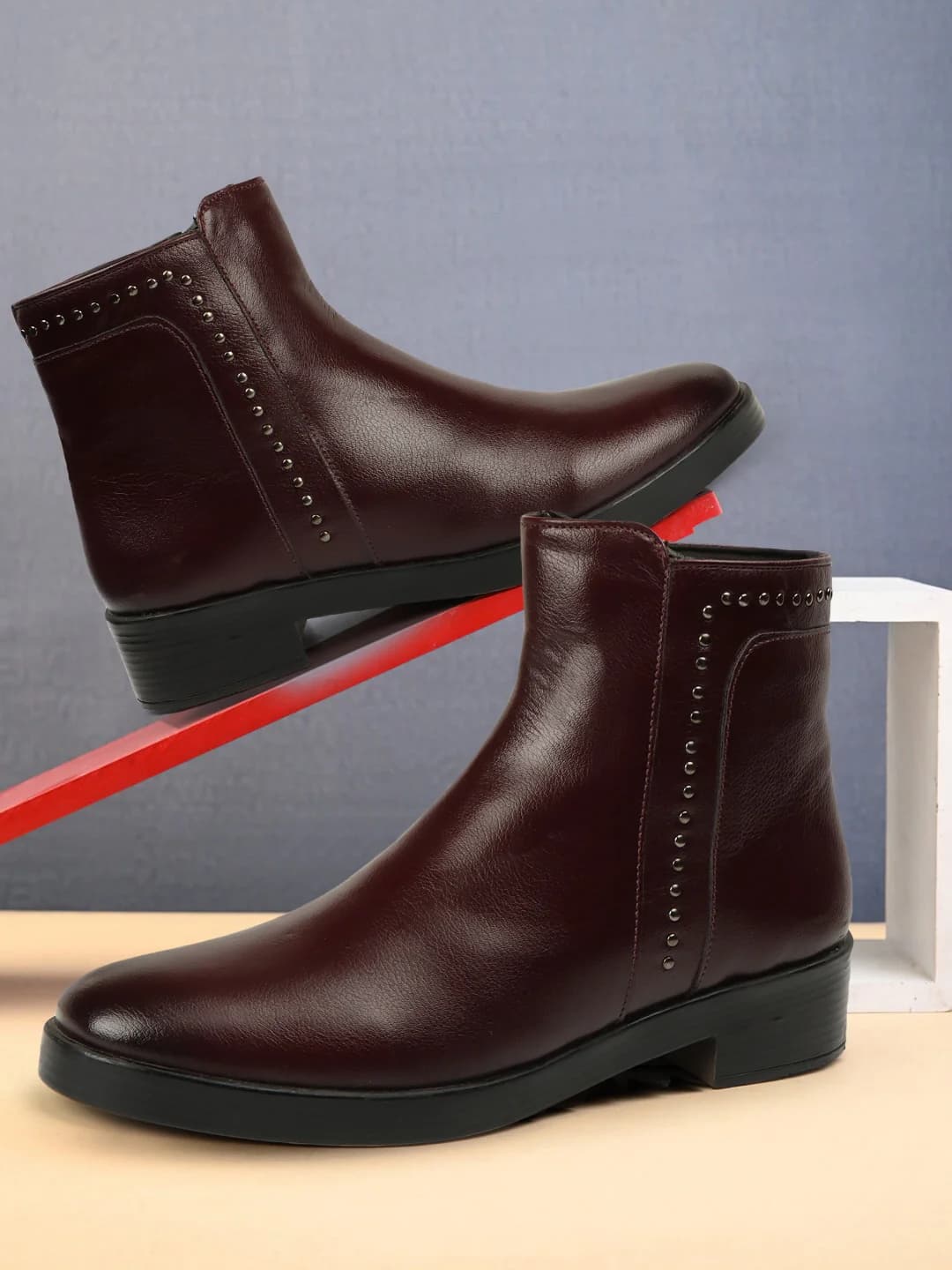 Women's Cherry Outdoor Synthetic Studded Ankle Boots with Low Platform Sole