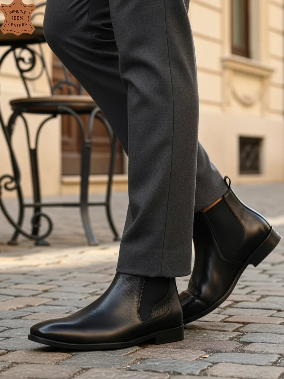 Men's Black Outdoor Classic Slip-On Ankle Chelsea Leather Boot with Elastic Gussets