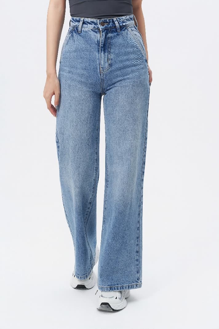 Women's Blue Casual Solid Wide Leg Jeans