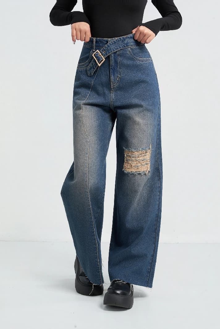 Women's Off Beat Distressed Blue Baggy Jeans
