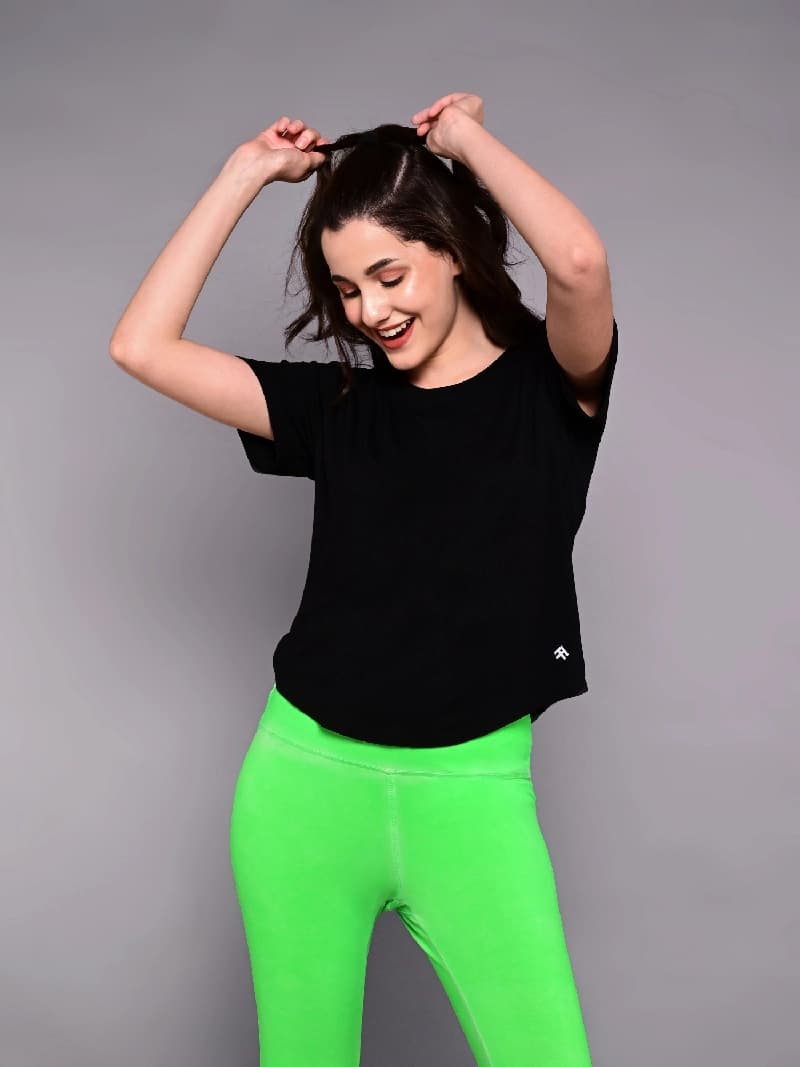 Women's Black Sport Pilates Has Your Back Printed Half Sleeves Tshirt