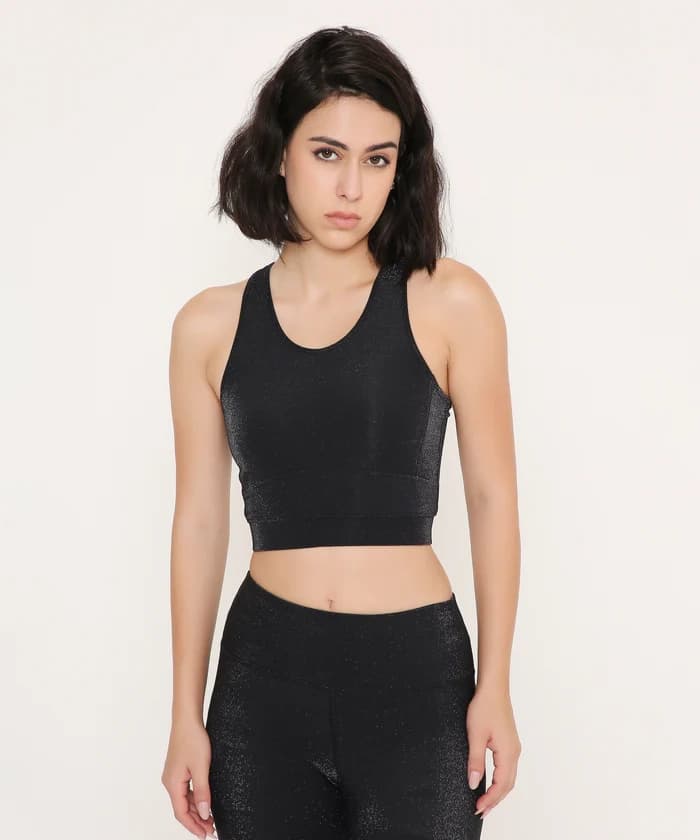 Women's Black Non-Wired Padded Glossy Sports Bra