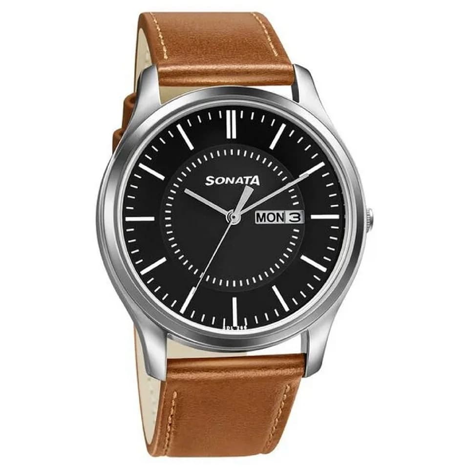 Men's Black Essentials Quartz Analog With Day and Date Dial Tan Leather Strap Watch