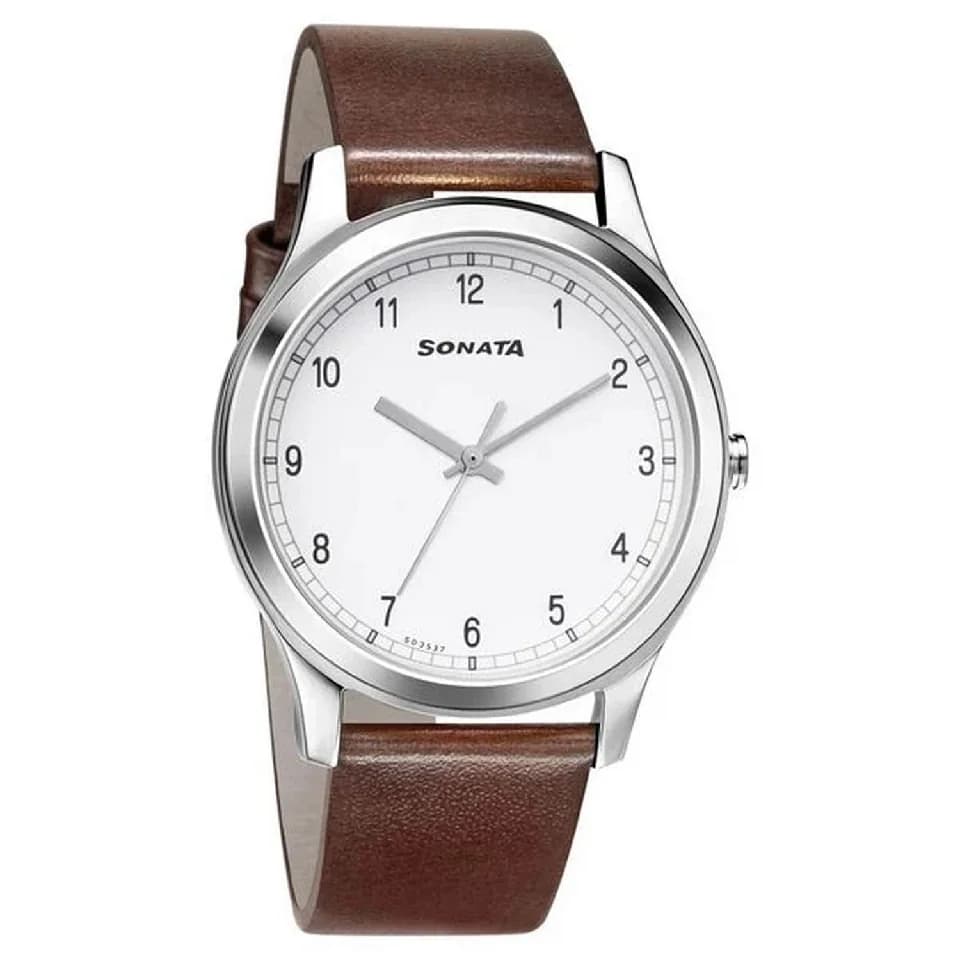 Men's White Quartz Analog Dial Brown Leather Strap Watch