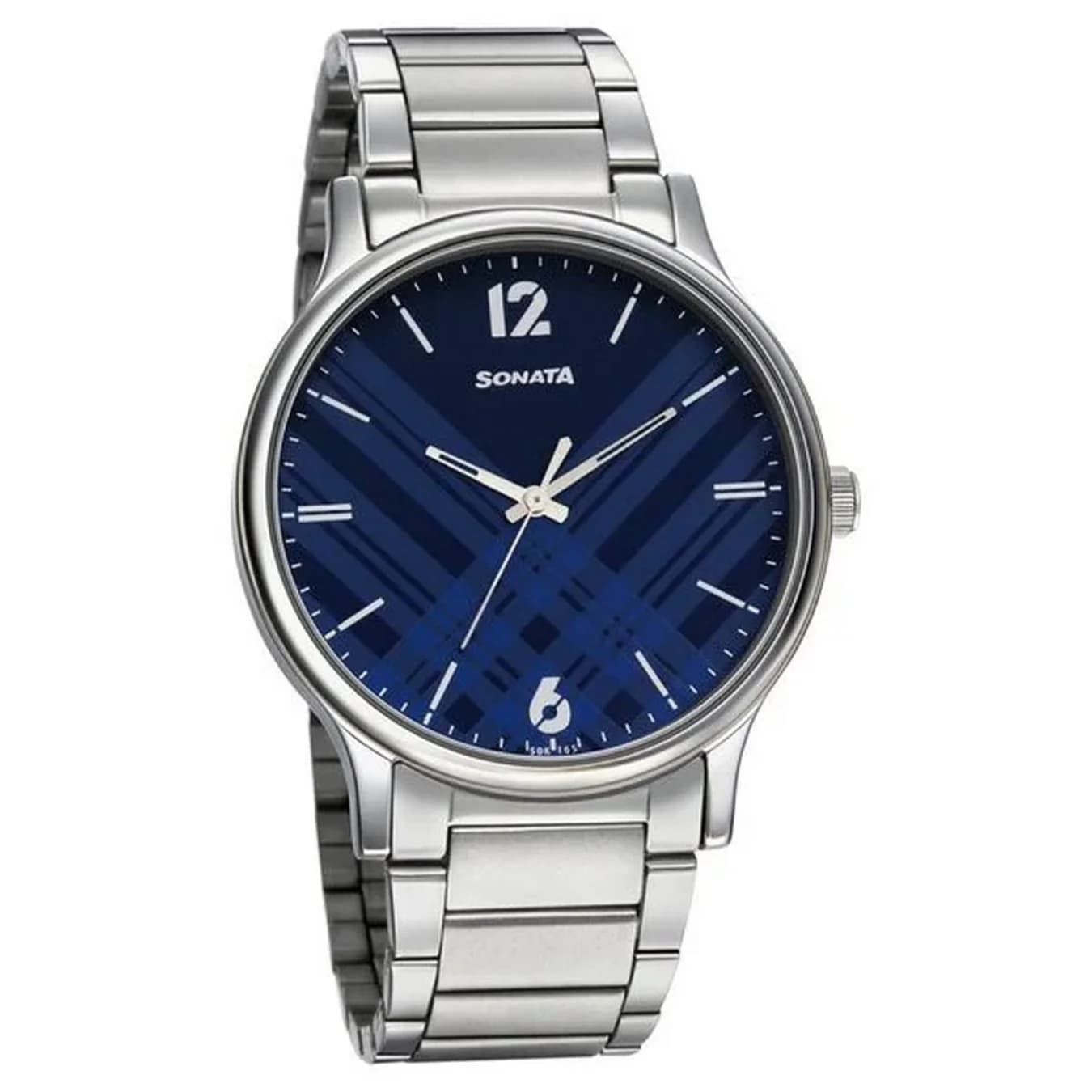 Men's Blue Smart Plaid Quartz Analog Dial Silver Stainless Steel Strap Watch