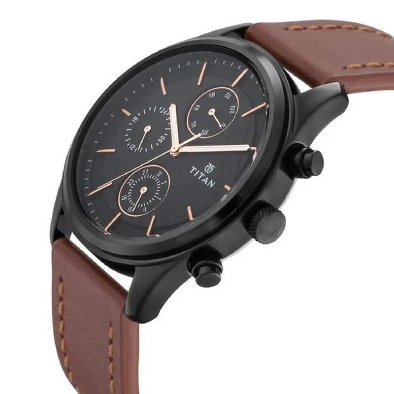 Men's Black Workwear Quartz Multifunction Dial Brown Leather Strap Watch