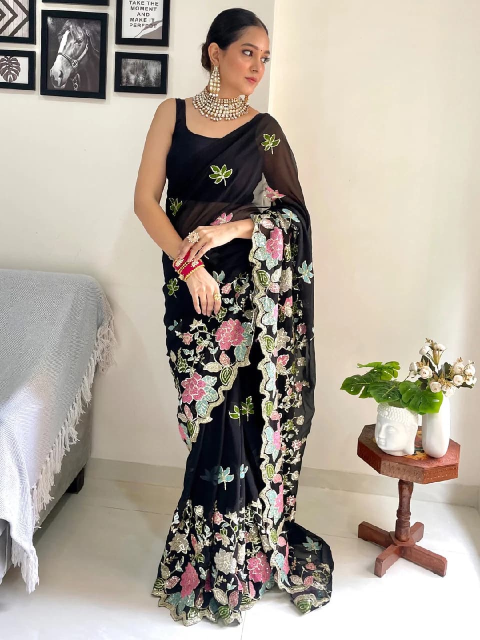 Women's Georgette Black Embellished Designer Saree With Blouse Piece