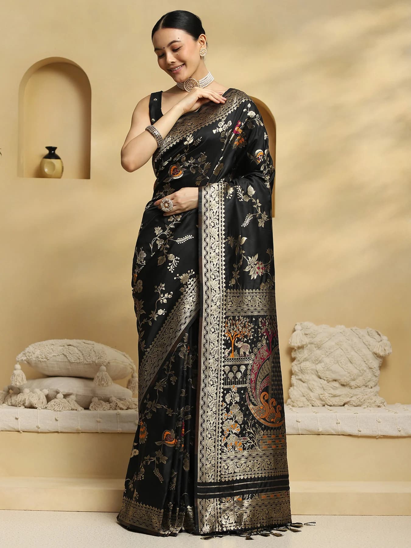 Women's Soft Silk Black Woven Design Designer Saree With Blouse Piece
