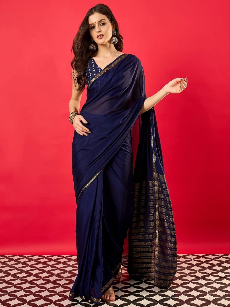 Women's Mysore Silk Navy Blue Woven Design Designer Saree With Blouse Piece