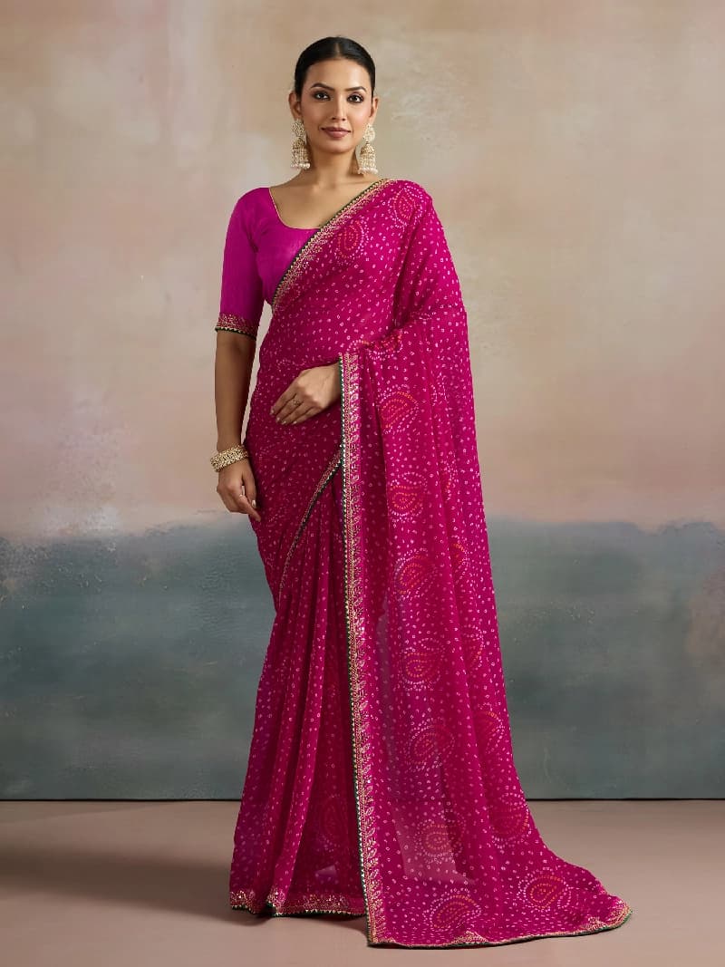 Women's Georgette Pink Printed Designer Saree With Blouse Piece