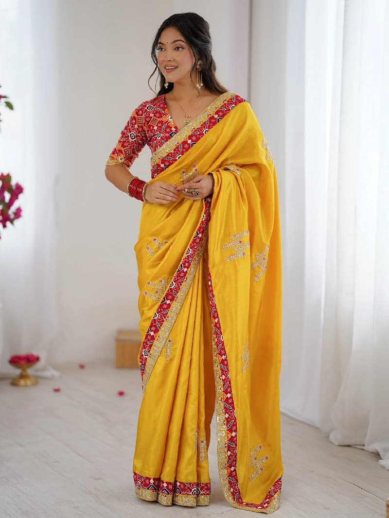 Women's Dola Silk Yellow Embellished Designer Saree With Blouse Piece