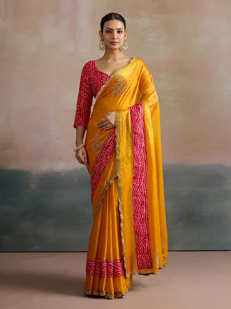 Women's Chiffon Yellow Embellished Designer Saree With Blouse Piece