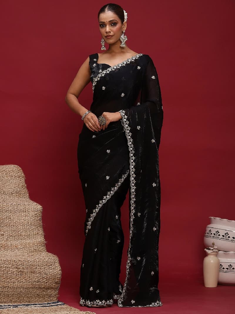 Women's Satin Black Embellished Designer Saree With Blouse Piece