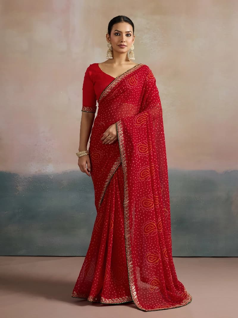 Women's Georgette Red Printed Designer Saree With Blouse Piece