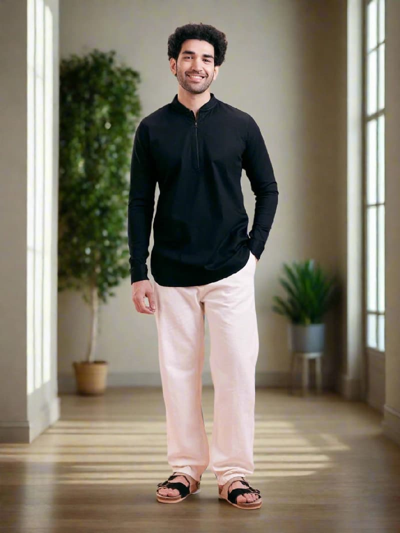 Men's Black Casual Solid Regular Fit Short Kurta