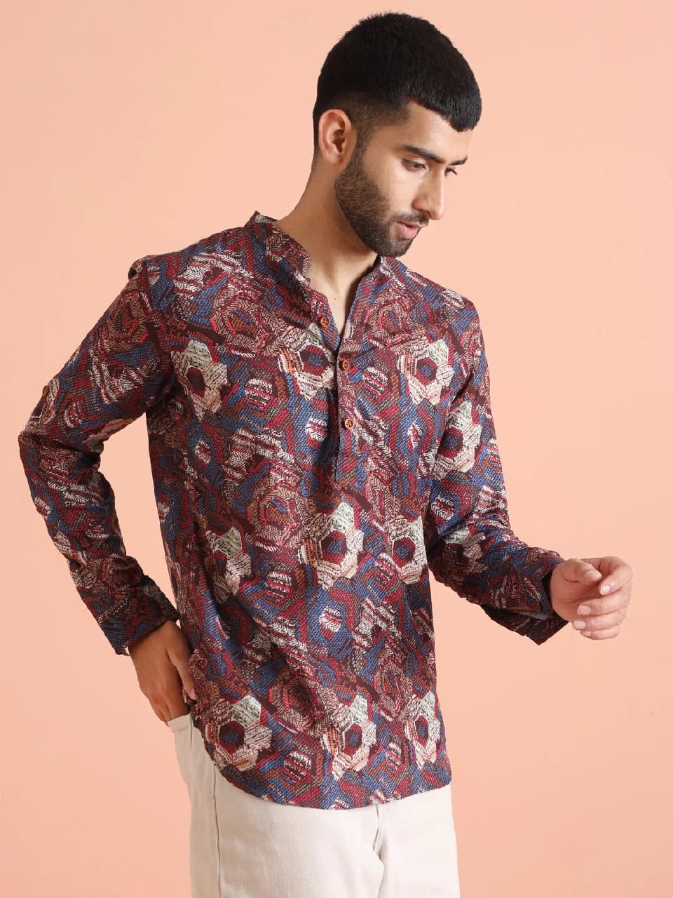 Men's Multicolor Festive Printed Regular Fit Short Cotton Kurta