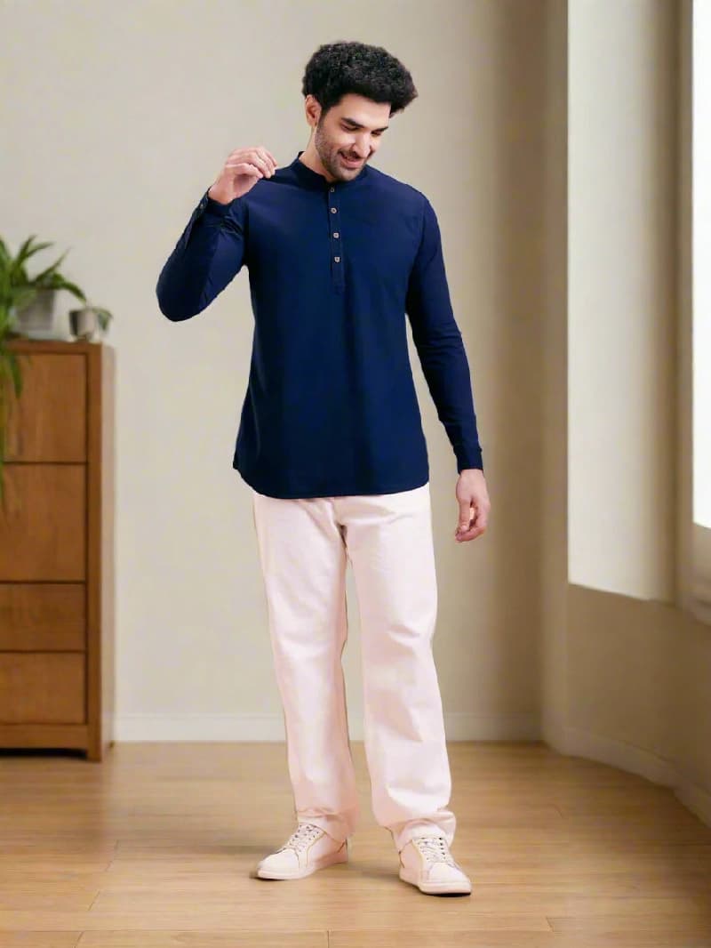 Men's Blue Casual Solid Regular Fit Kurta