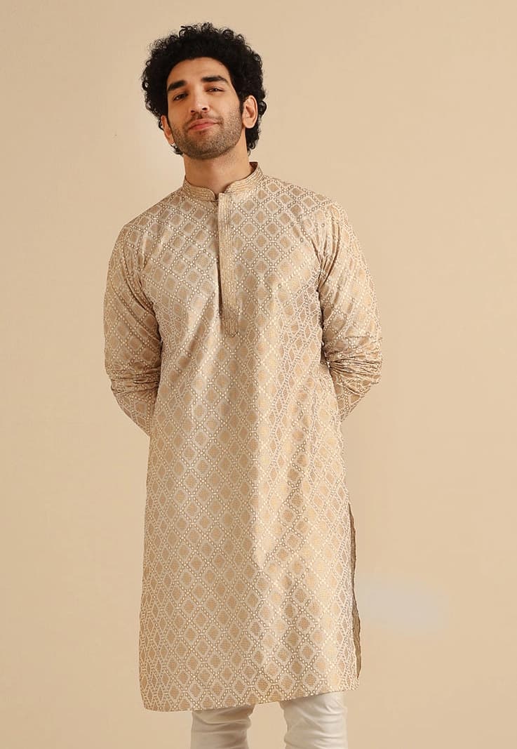 Men's Beige Festive Textured Regular Fit Kurta