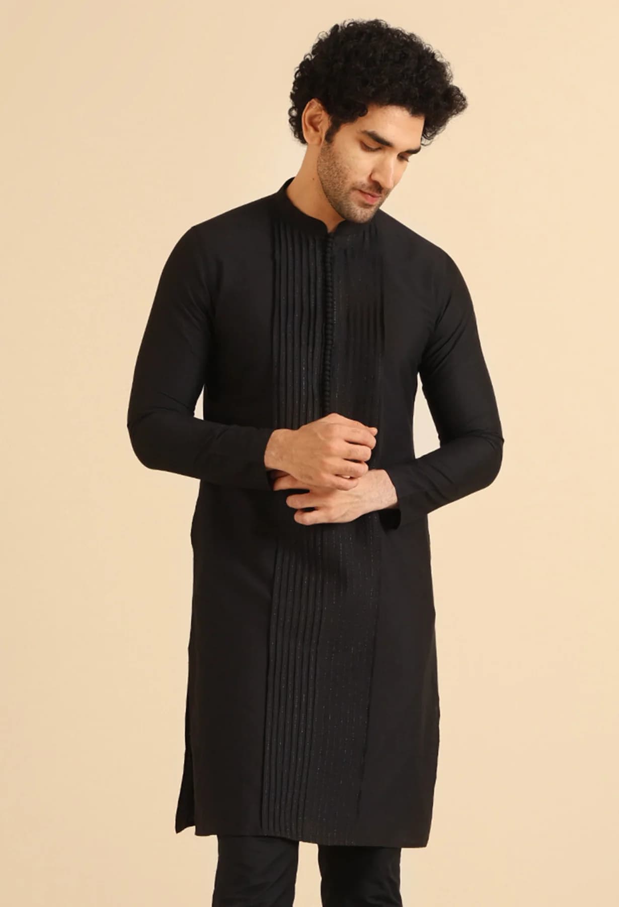 Men's Black Festive Solid Regular Fit Cotton Kurta