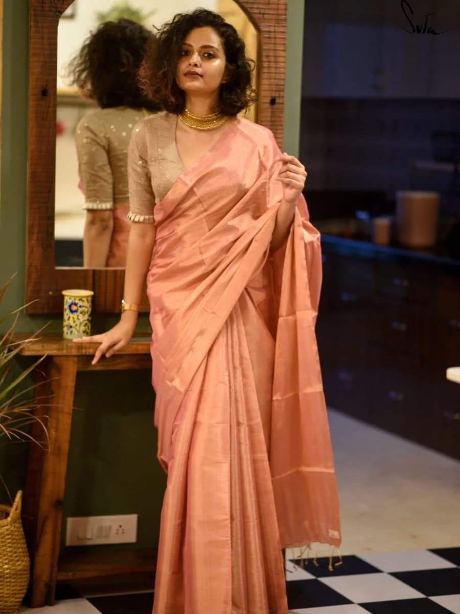 Women's Orange Festive Solid Regular Fit Saree