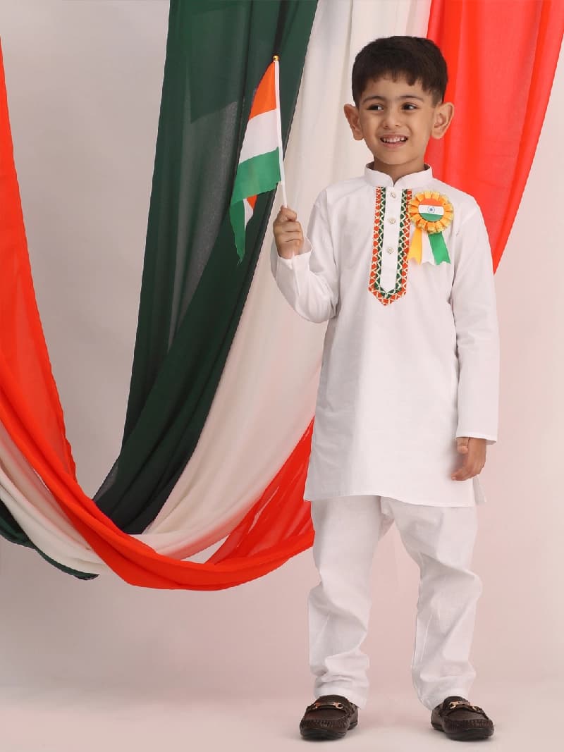Boys Republic Day Special Cotton White Solid Kurta Pyjama Sets