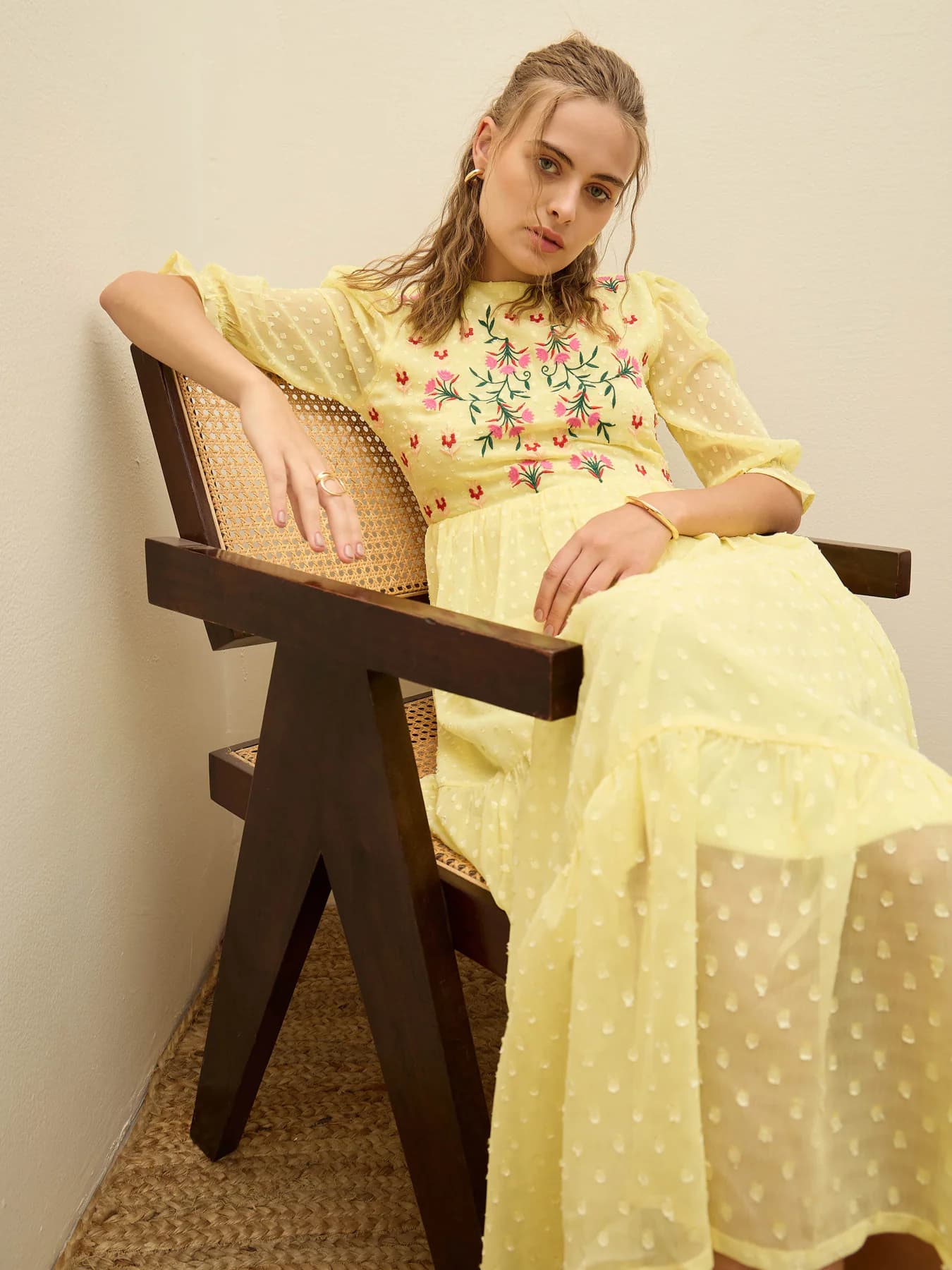Women's Yellow Casual Floral Flared Fit Dress