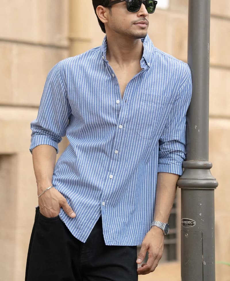 Men's Blue Casual Striped Regular Fit Cotton Shirt