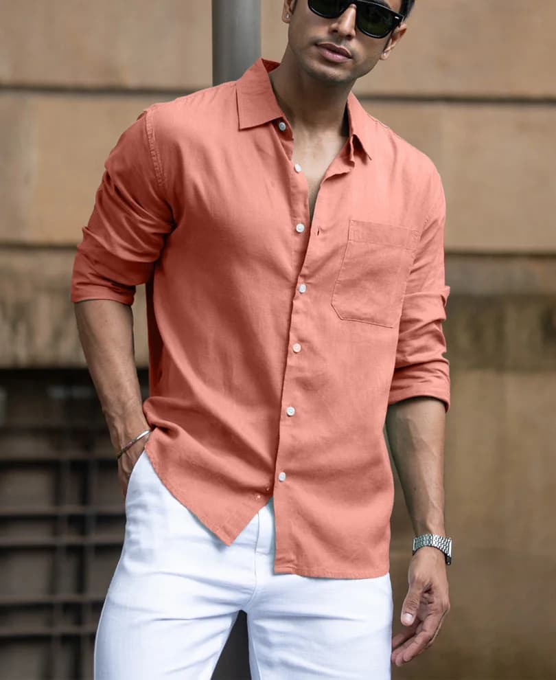 Men's Orange Casual Solid Regular Fit Shirt