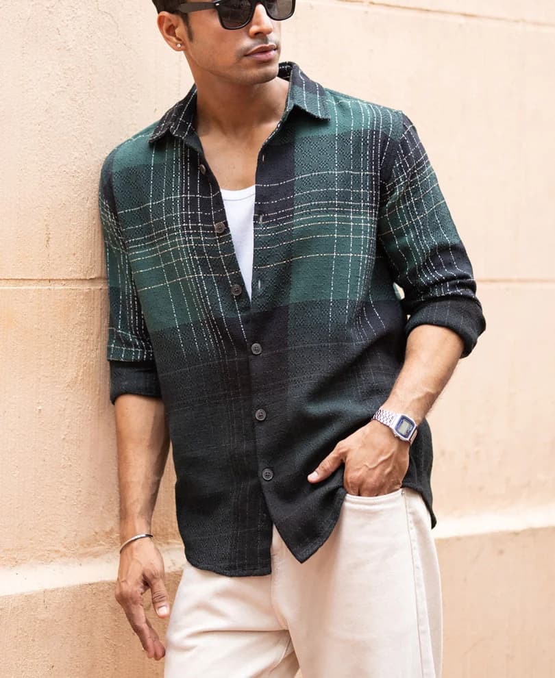 Men's Green Casual Checked Regular Fit Cotton Shirt