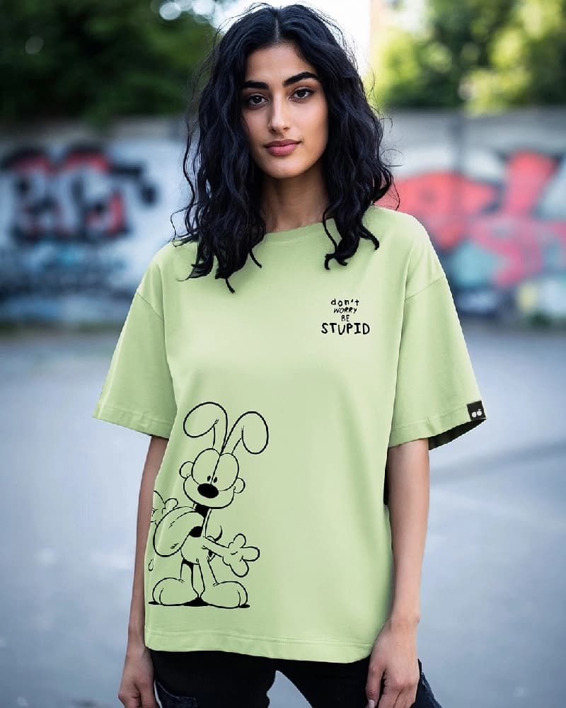 Women's Green Casual Graphic Oversized Fit Tshirt