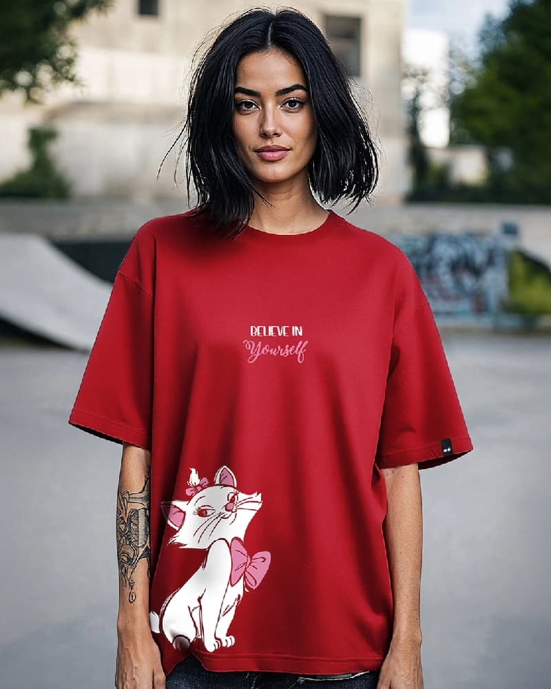 Women's Red Casual Graphic Oversized Fit Tshirt