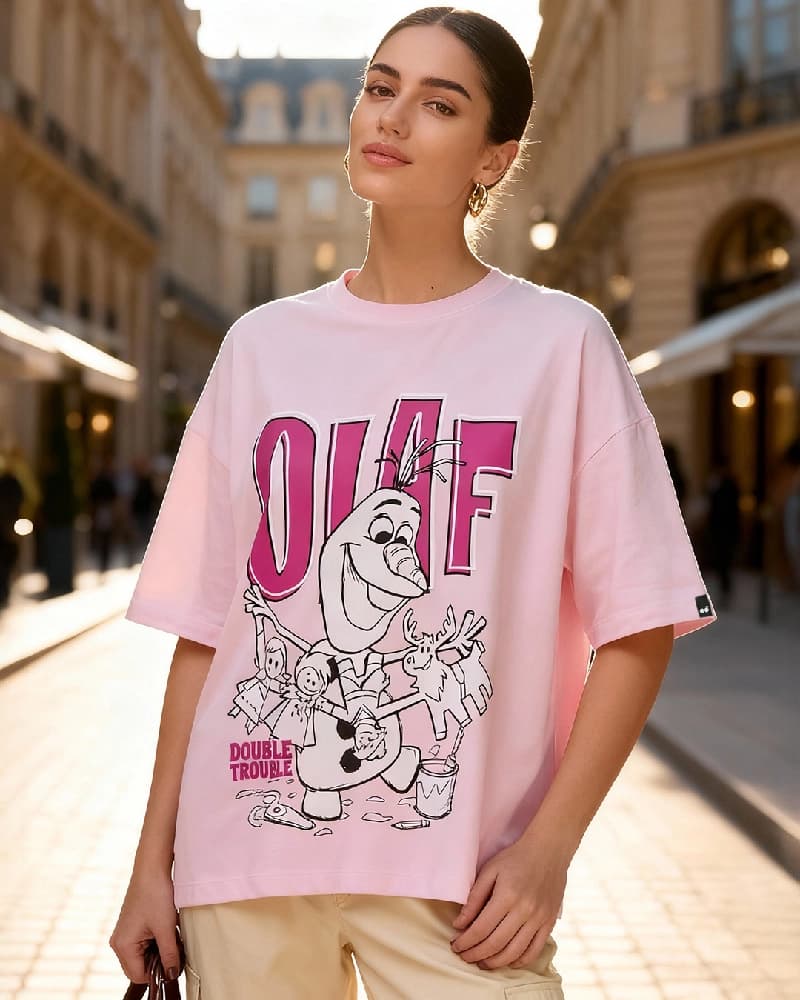 Women's Pink Casual Graphic Oversized Fit Tshirt