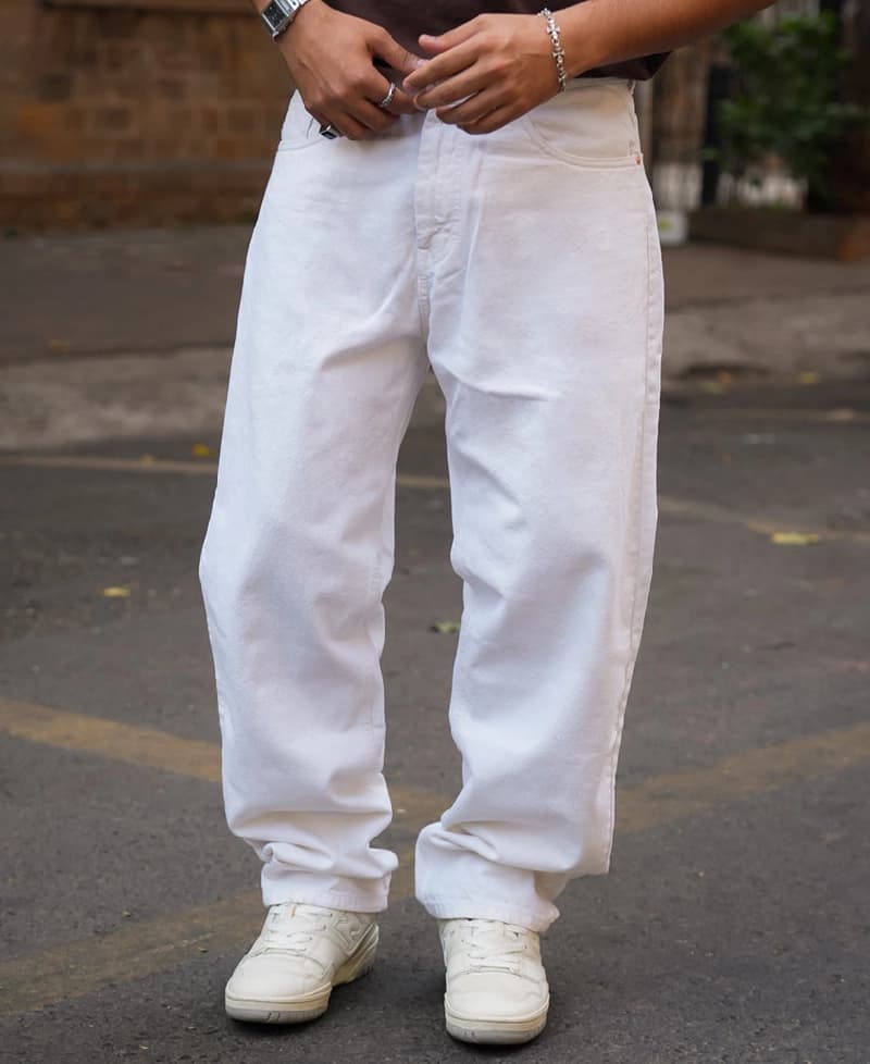 Men's White Casual Solid Baggy Fit Jeans