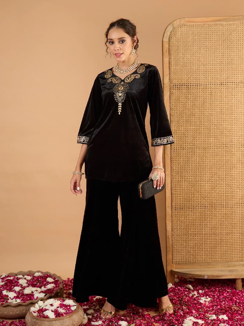Women's Festive Black Velvet Embroidered V Neck Short Kurta With Palazzos