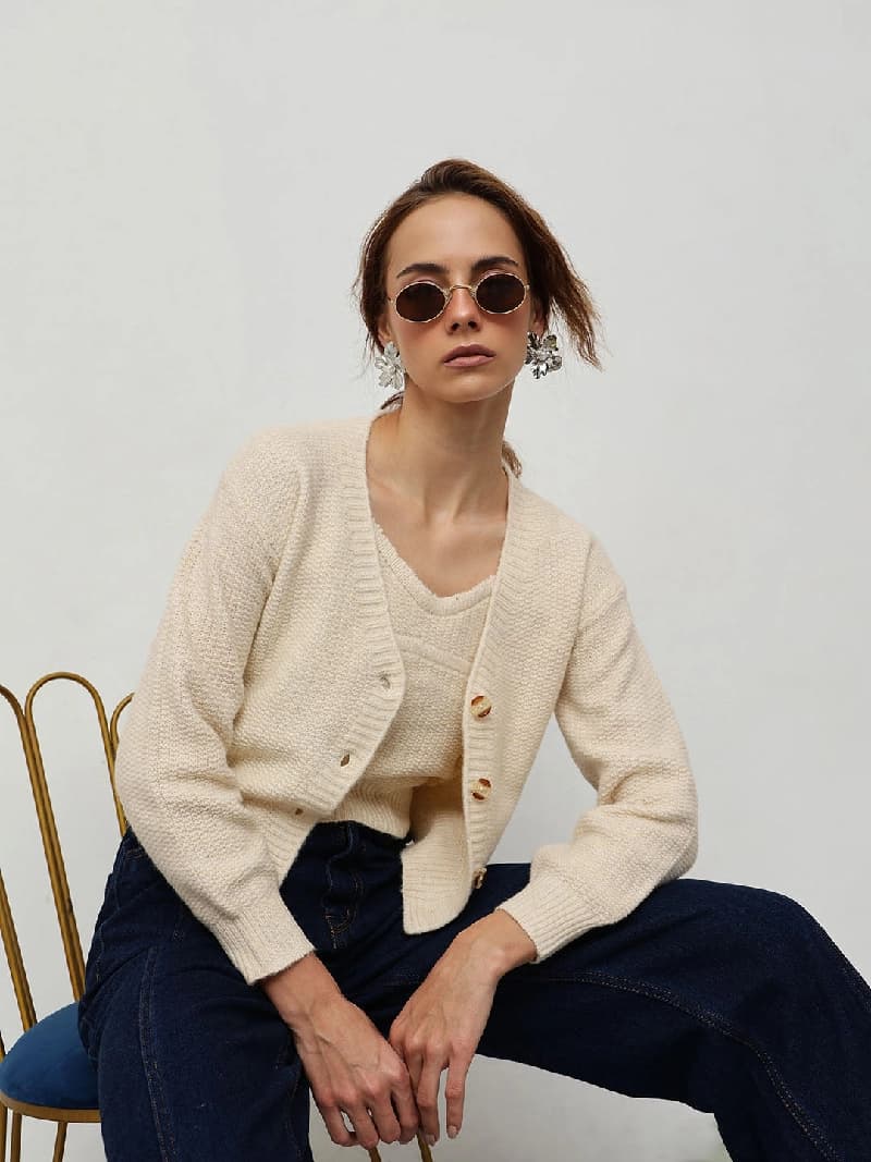 Women's Beige Casual Crop Cardigan